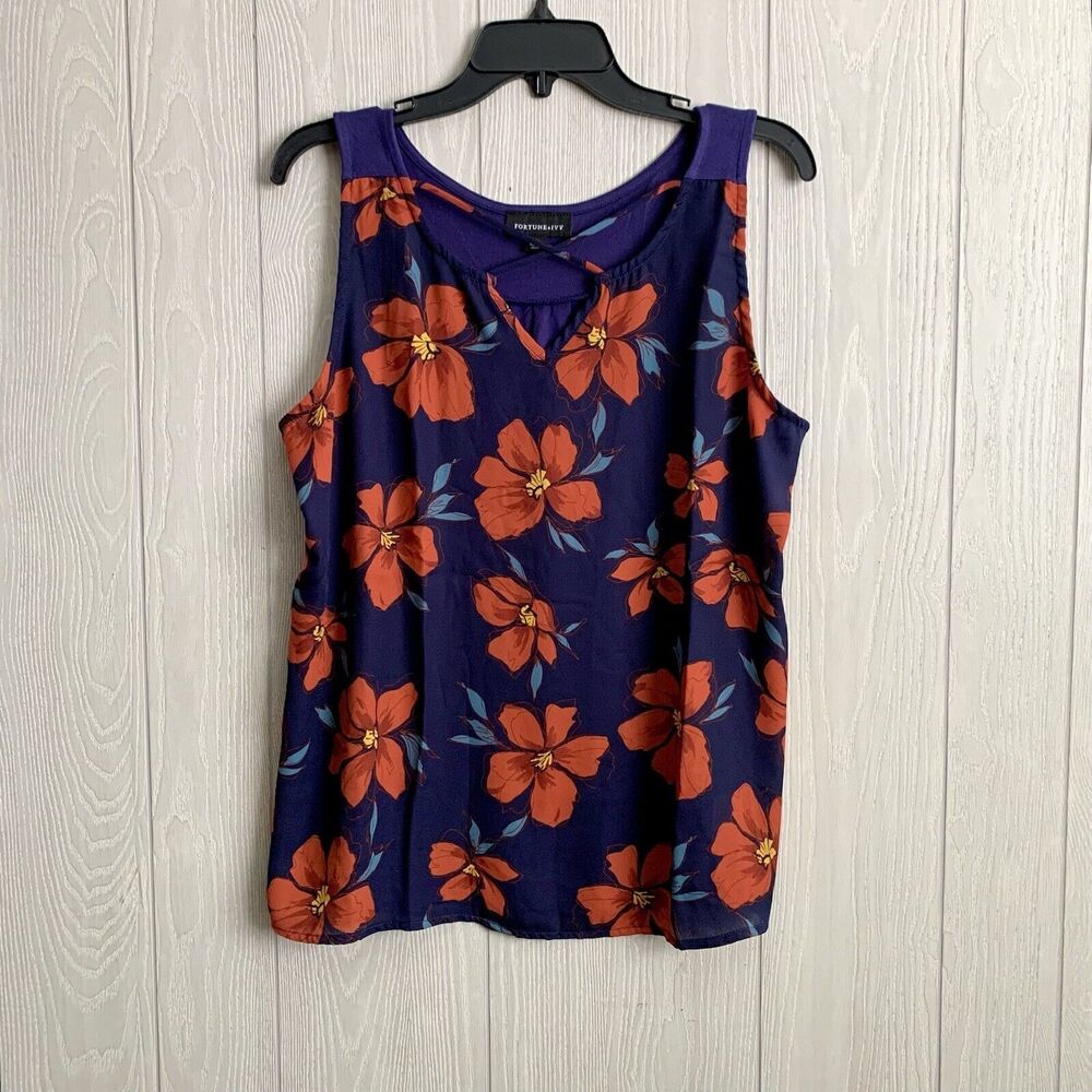 Fortune & Ivy Blue Red Floral Top Sleeveless Size XL NWOT
